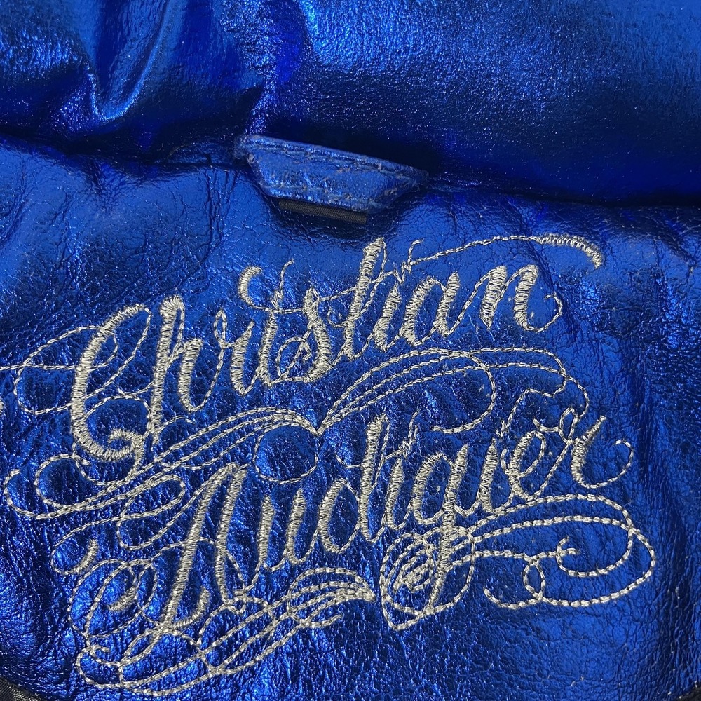 Christian Audigier Jacket Mens Medium Blue Leather Puffer Metallic Y2k - Picture 4 of 12